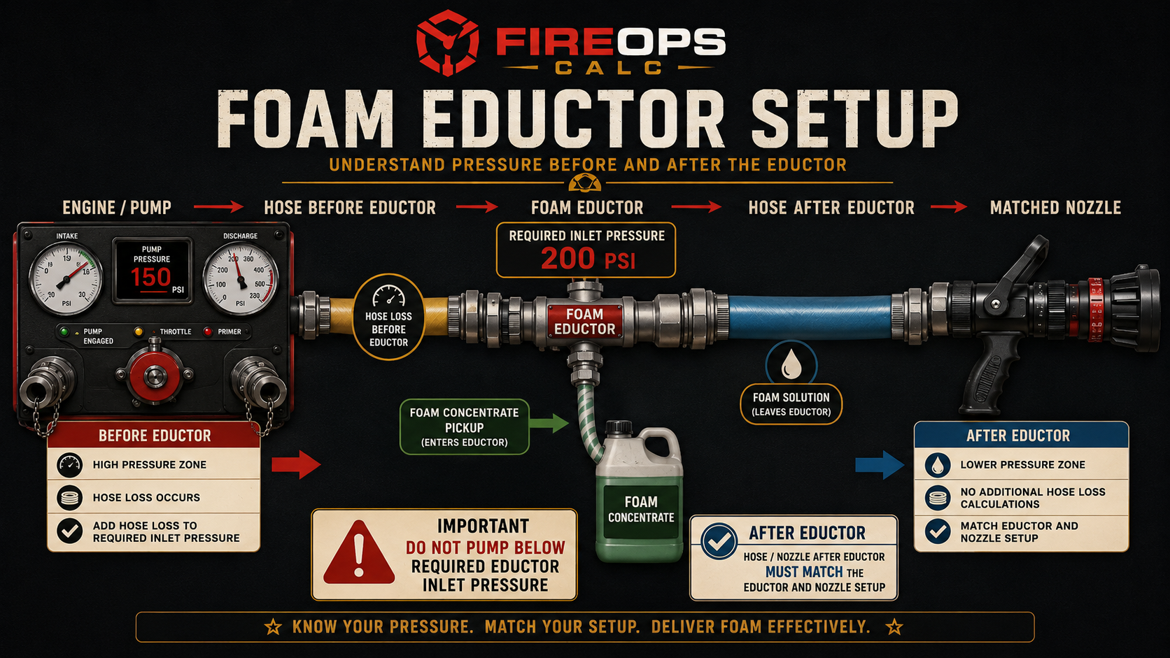 Foam eductor setup diagram showing pump, hose before eductor, required inlet pressure, hose after eductor, and matched nozzle.