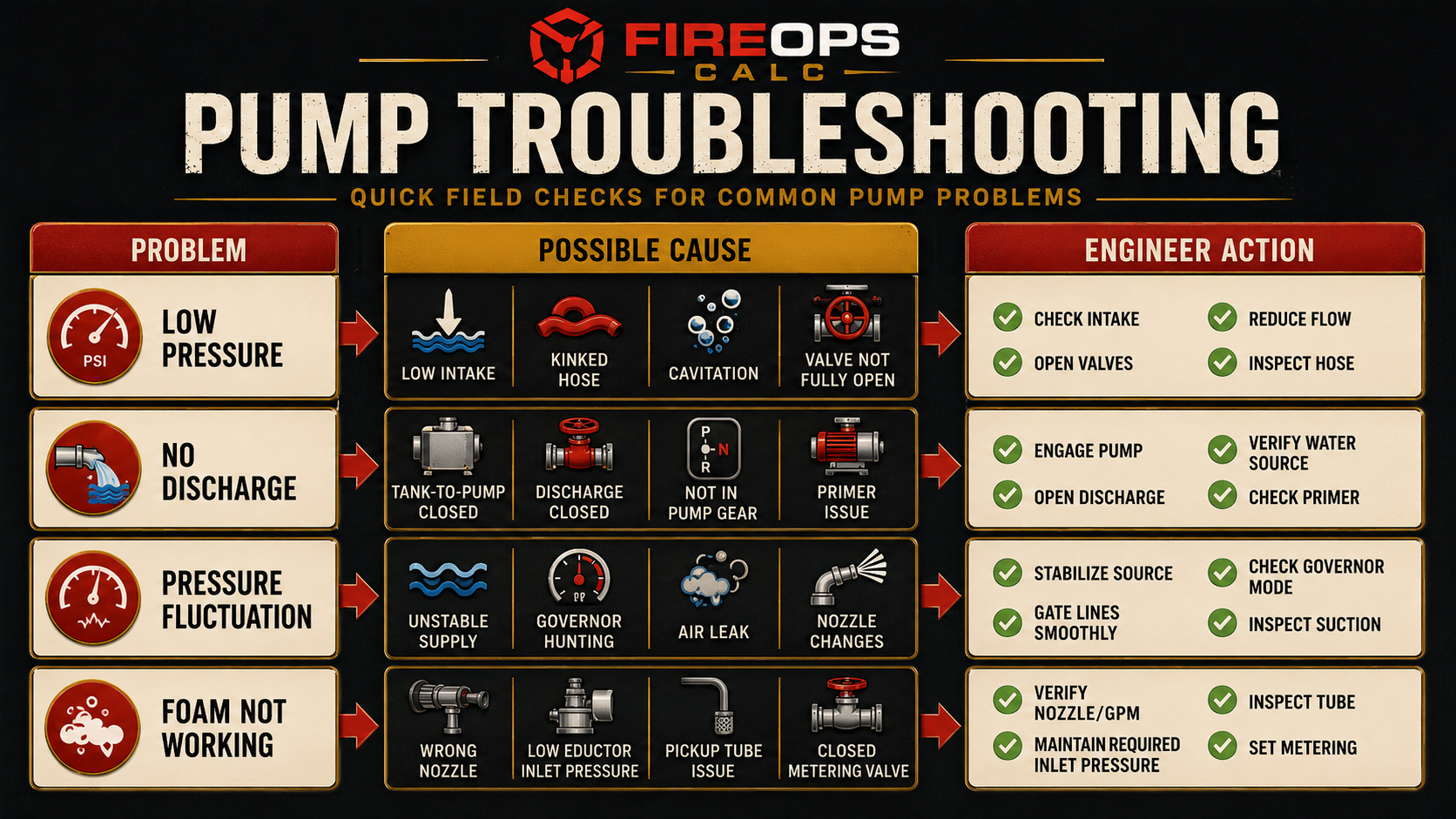 Pump troubleshooting flowchart with problem, possible cause, and engineer action columns.