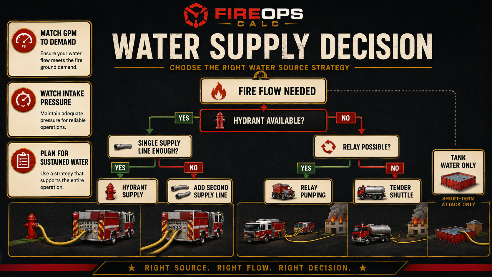 Water supply decision flowchart showing hydrant supply, relay pumping, tender shuttle, and tank water only options.